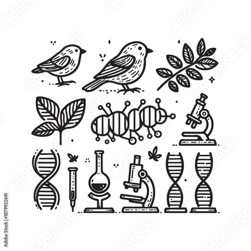 darwin day doodle icon set evolution finch dna and microscope symbols
