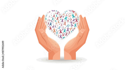 Illustration of hands cradling a heart-shaped collage of people on a white background, symbolizing support for cancer awareness and health.