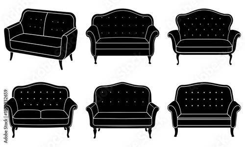 Six Black Tufted Sofas and Chairs with White Outlines on White Background