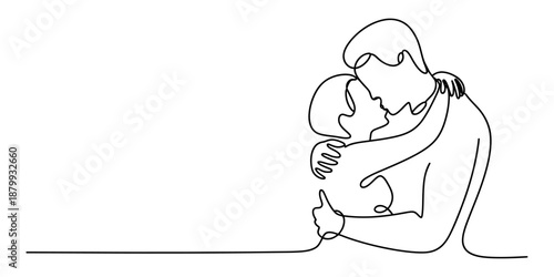 Minimalist continuous line art drawing depicting a romantic moment between a couple hugging Vector, illustration