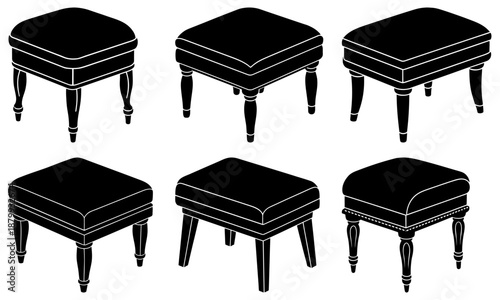 Five Black Upholstered Stools with Curved Legs on White Background 1