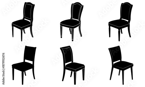 Five black dining chairs with different backrest on a white background silhouettes