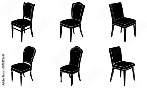 Five black upholstered chairs with different backrest on a white background black chairs chair silhouettes