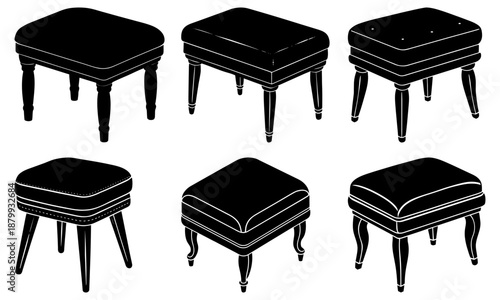 Five Black Upholstered Stools with Curved Legs on White Background