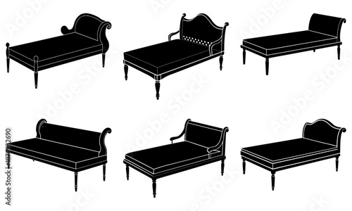 Five Vintage Chaises Longues with Curved Backs on White Background chaise longue upholstered