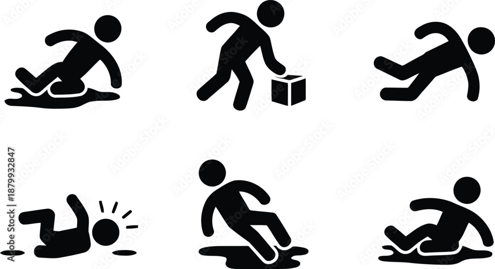 Obraz premium Diverse safety pictograms illustrating common human slips, trips, and falls on wet surfaces and over objects