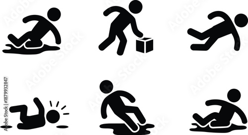 Diverse safety pictograms illustrating common human slips, trips, and falls on wet surfaces and over objects