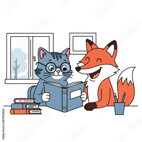 Cat and Fox Reading Together