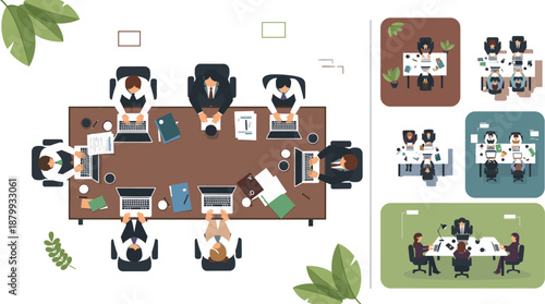 Business meeting illustration, corporate teamwork sketch, office collaboration artwork, professional workplace drawing, organizational communicationcene, leadership discussion concept, brainstorming 