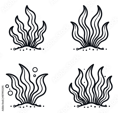 Hand drawn line art seaweed set featuring various aquatic plants for marine designs