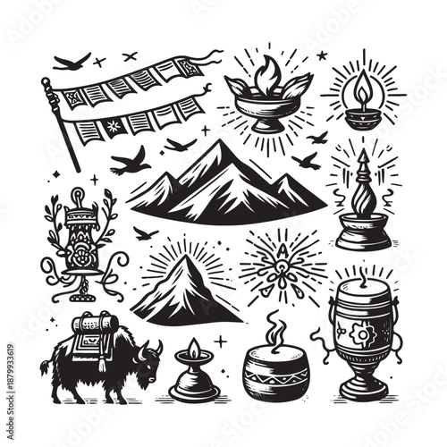 hand drawn line art icons losar snow mountains drum yak and cultural symbols