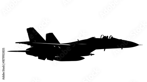 Military fighter jet in sleek silhouette flying through sky