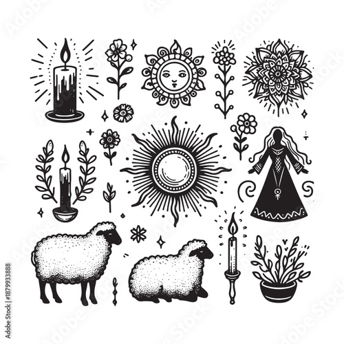 hand drawn line art icons imbolc sun wheel candles and mystical symbols