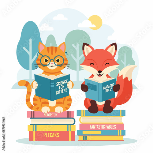 Cat and Fox Reading Books