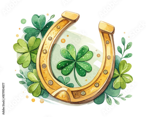 Watercolor Lucky Horseshoe, St. Patrick’s Day Irish Good Luck Icon Vector on White Background