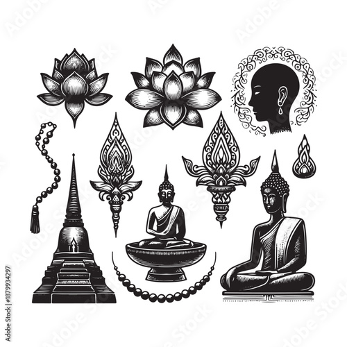 hand drawn line art icons makha bucha prayer beads lotus and monks