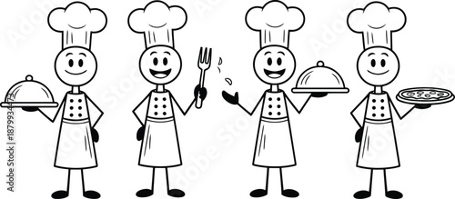 Diverse stick figure chefs displaying culinary skills with food, utensils, and happy expressions