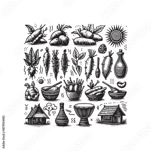 yam harvest doodle icon set tuber drum and village symbols