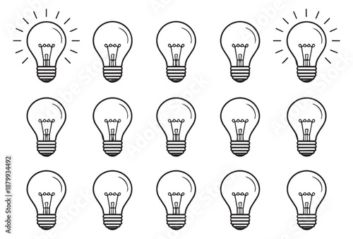 Line art light bulb set featuring glowing and unlit bulbs for ideas and innovation