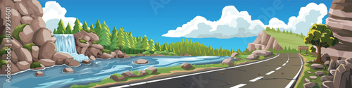 Vector landscape illustration of a winding asphalt road near a river and waterfall with pine forest and mountains. Scenic nature background with a wooden signpost under a blue sky.