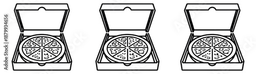 Line art pizza box set featuring open pizza boxes with sliced pizzas for food delivery and fast food menus