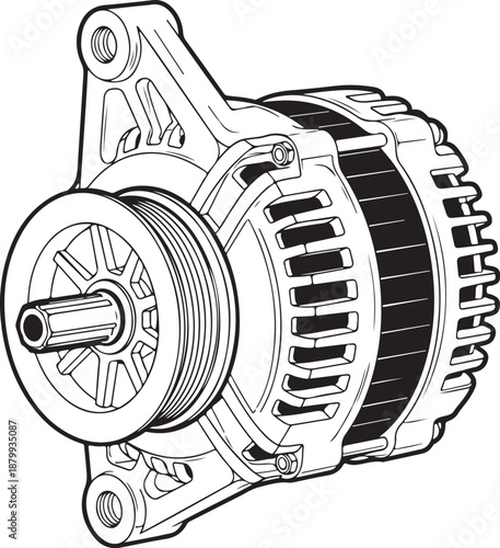 Automotive alternator drawing in black and white sketch style showing detailed parts like pulley and casing for car electrical system repair service