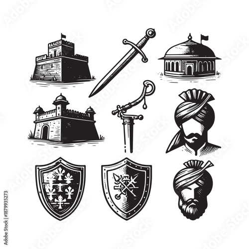 heritage doodle icon set fort sword turban and shield symbols