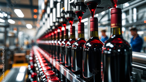 Sharp image of deep red Bordeaux wine filling glass bottles on a modern stainless steel production line with warm industrial lighting generative AI