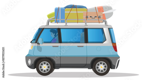 Traveling by car with suitcases and surfboards. Van car blue and grey color can view in side car. Inside car with driving man. Vector illustration on isolated white background.