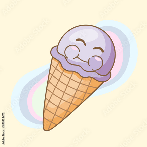 Cute pastel taro scoop ice cream cone cartoon illustration with a happy smiling face. Kawaii dessert design in soft pastel colors on a simple background.