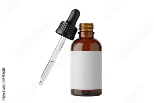 Brown glass dropper bottle with white label isolated on transparent background