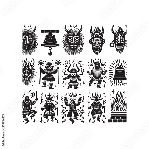 hand drawn line art icons kukeri fire ritual symbols and costumes