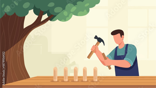 Carpenter crafts wooden pegs with a hammer under a large tree