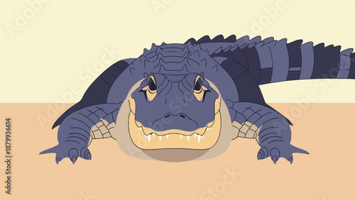 Cartoon alligator with sharp teeth lies on a sandy ground