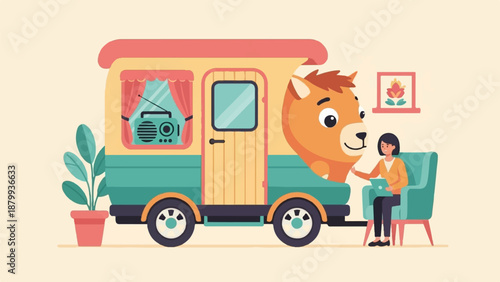Cartoon animal peeks from caravan, human uses tablet in armchair