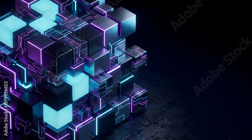 Abstract 3D futuristic structure with glowing blue and purple cubes, blockchain and big data server concept