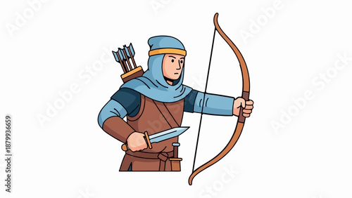 Cartoon archer with bow, arrows, and knife, wearing hood and tunic