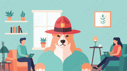 Animated dog wearing a hat in a living room with people