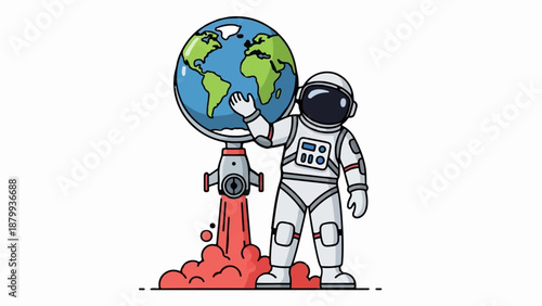 Cartoon astronaut holding Earth globe with rocket launch exhaust