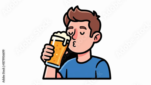Animated person with closed eyes drinks a frothy beer, looking pleased