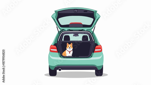Adorable corgi dog sits happily in the open trunk of a mint green car