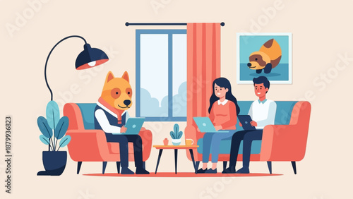 Anthropomorphic dog and two people working on laptops in a cozy living room