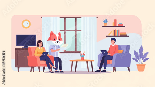 Anthropomorphic fox and people working from a cozy living room