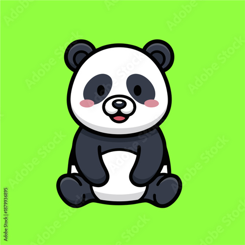 Cute cartoon panda illustration sitting happily on a vibrant green background.