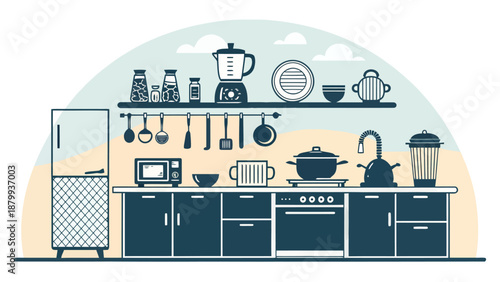 Modern kitchen interior with appliances and utensils on shelves