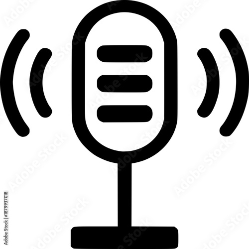 The Echo of Voice: An illustration of a microphone, with a striking depiction of sound waves, is presented in stark contrast. Its design is a statement of broadcasting and recording. 