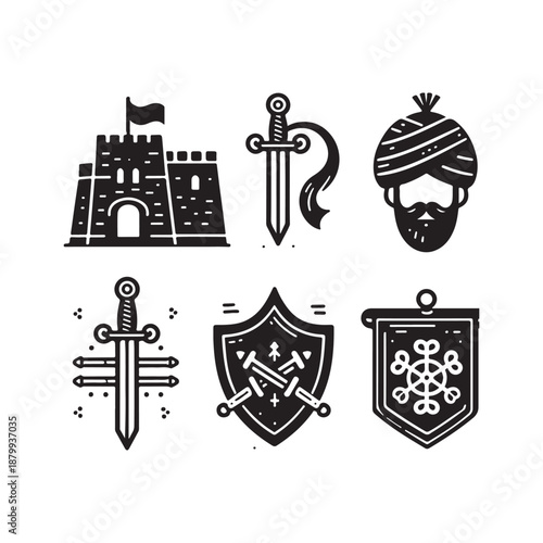 hand drawn line art icons historical banner and fort silhouette
