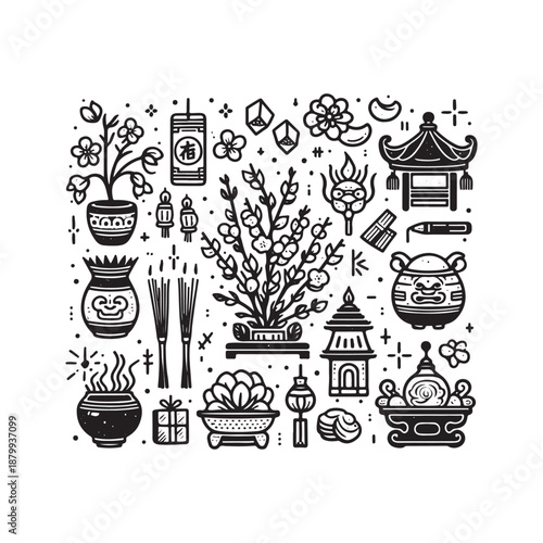 doodle icons tet celebration peach flowers envelopes altar and lantern vector