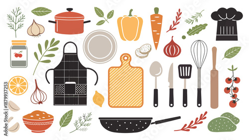 Vibrant kitchen utensils and ingredients for cooking