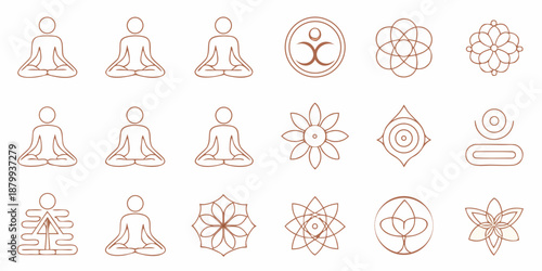 yoga and meditation symbols in minimalist line art style for spiritual and wellness designs